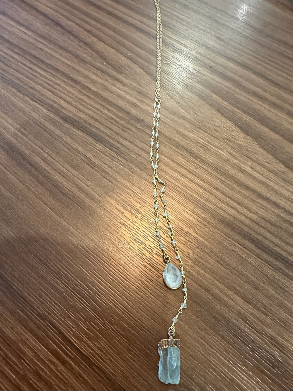 Gold Crystal Teardrop & Raw Quartz Lariat Necklace - Gold
